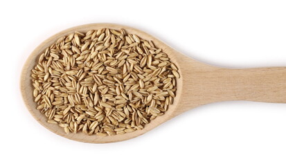 Peeled oats, groats in wooden spoon isolated on white background, top view