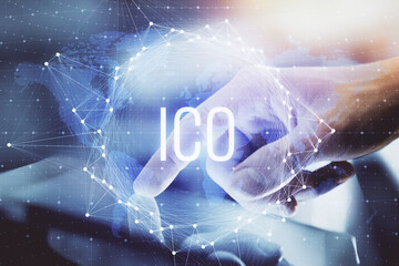 Double exposure of man's hands holding and using a phone and crypto currency blockchain theme drawing.