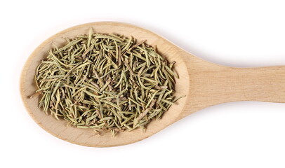 Dried rosemary pile in wooden spoon isolated on white background, top view