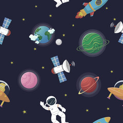 Space pattern with planets and stars. Astronaut