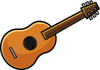 Cartoon Acoustic Guitar. Vector Hand Drawn Illustration Isolated On Transparent Background