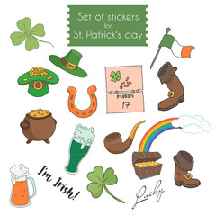 Set of stickers for St. Patrick's day. Vector illustration.  Stock vector. Drawn stickers.  Decorative element