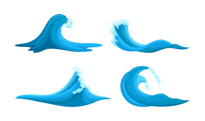 Fototapeta na wymiar Clipart flooding waves set. Blue waves tsunami isolated in white background. Cartoon vector illustration