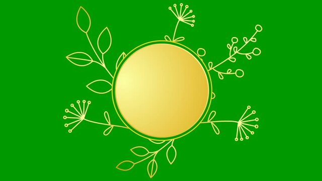 Animated abstract modern banner with golden branch of leaf and flower. Circle black frame with copy space. Looped video. Flat vector illustration isolated on green background.