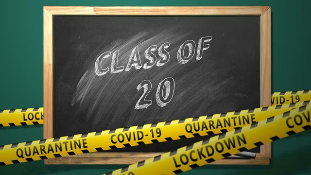 Lettering CLASS OF 2021 on blackboard. Congratulation graduates. New normal concept. Covid-19 lockdown.
