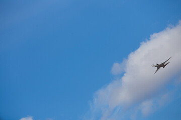 air parade of planes. military holiday and air show in the sky. professional pilots show complex...