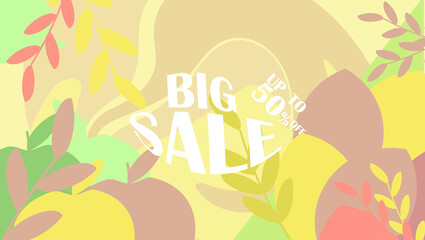 
abstract pastel background with geometric shapes. leaves, apples, lemon. banner for sales. spring, summer and autumn cover.