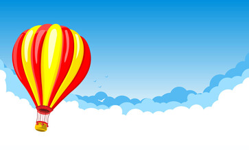 Hot Air Balloon in the blue sky with white clouds and birds. Illustration, vector