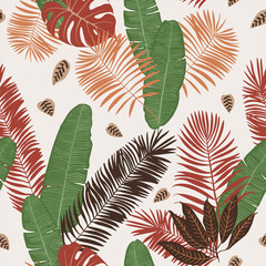 Fototapeta na wymiar Pattern tropics leaves vector modern. Color beige green, trend ornament