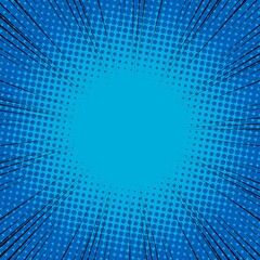 Radial Speed Line background. Vector illustration. Comic book black and blue radial lines background. Halftone.