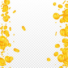 American dollar coins falling. Actual scattered USD coins. USA money. Tempting jackpot, wealth or success concept. Vector illustration.
