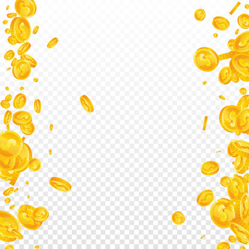 American dollar coins falling. Actual scattered USD coins. USA money. Tempting jackpot, wealth or success concept. Vector illustration.
