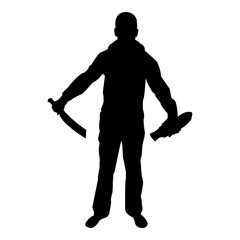 Silhouette man with sword machete remove sheath scabbard cold weapons in hand military man soldier serviceman in various positions hunter with knife fight poses strong defender warrior concept