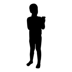 Silhouette boy holding smartphone phone playing tablet male using communication tool adolescent looking phone addiction concept dependency from modern technologies black color vector illustration