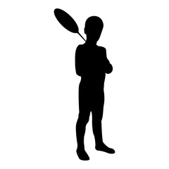 Silhouette boy holds badminton racket cute young child holding standing toy shuttlecock happy concept teenage action summer sport activity camp concept kid will play having fun black color vector