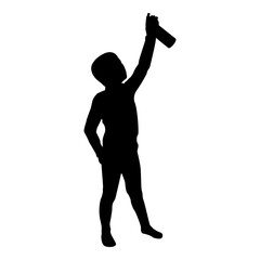 Silhouette boy using water sprayed in up small kid watering garden using hand sprinkler holding arm special comb black color vector illustration flat style simple image