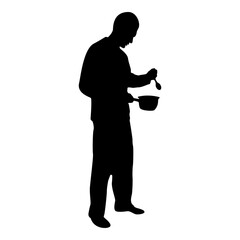 Silhouette man with saucepan spoon in his hands preparing food male cooking use sauciers black color vector illustration flat style simple image