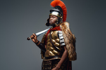 Naklejka premium Roman legionary with fur and sword