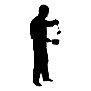 Silhouette man with saucepan scoop ladle kitchen utensil crack for soup in his hands preparing food male cooking use sauciers black color vector illustration flat style simple image