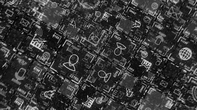 Electronic cells with information signs. Action. Black and white icons with images in computer space. Electronic icons with business-related images