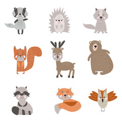 Cartoon Forest Animals set. Brightly colored childish animals. Vector illustration. Forest animals like bear, raccoon, squirrel, fox, wolf, owl, deer, hedgehog, badger. 
