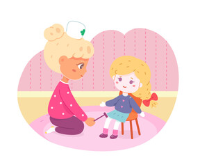 Little girl playing doctor with doll. Happy kid with toy as patient sitting on chair vector illustration. Cute child checking knees with medical hammer. Childhood activity at home scene