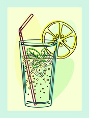 Fresh lemonade drink with ice cubes, mint and lemon. Abstract simple graphic design poster. Vector.