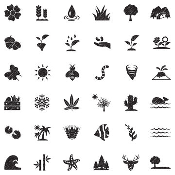 Nature Icons. Black Scribble Design. Vector Illustration.