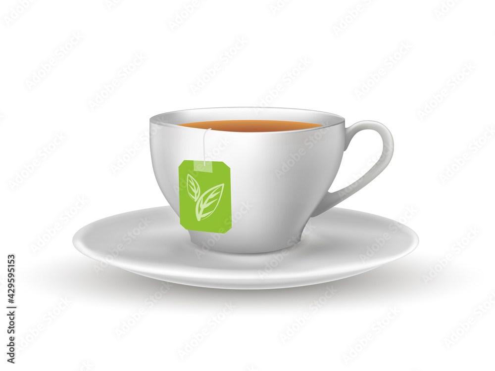 Wall mural green herbal tea in cup on plate. teabag with label tag design in mug with hot liquid vector illustr