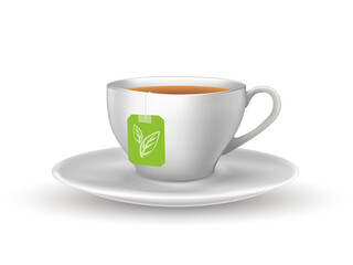 Green herbal tea in cup on plate. Teabag with label tag design in mug with hot liquid vector illustration. Healthy traditional aromatic drink isolated on white background