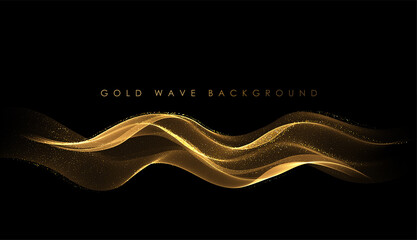 Abstract Gold Waves. Shiny golden moving lines design element with glitter effect on dark background for greeting card and disqount voucher.
