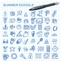 A Big vector doodle summer set. Hand draw accessories for beach holidays by the sea. Flat design Illustration for ads, web, flyers, and banners. Set of drawn by hand icons. Summer fruits, food