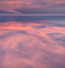 Pink sunset sky. Mysterious alien planet landscape. Fantastic surreal nature. Wonderful fairy tale. Softness, love, heaven.