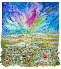 Illustration with swamp, spruce forest, cranberry and northern lights
