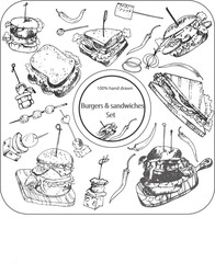 A DRAWN SET OF BURGERS AND SANDWICHES