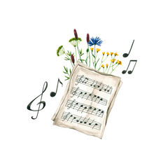Watercolor wildflowers and notes. Hand drawn illustration is isolated on white. Music composition is perfect for natural design, greeting card, musician logo, label, fabric textile