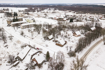 Aerial view of Kikuri village in winter, Latvia.