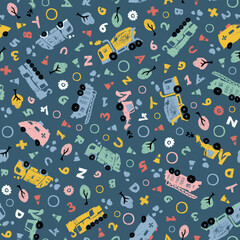 Vector dark blue pastel pen skech doodle cute cement trucks transport vehicles with alphabets seamless pattern. Suitable for textile, gift wrap and wallpaper.