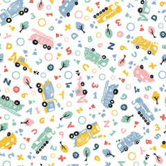 Vector white pastel pen skech doodle cute cement trucks transport vehicles with alphabets seamless pattern. Suitable for textile, gift wrap and wallpaper.