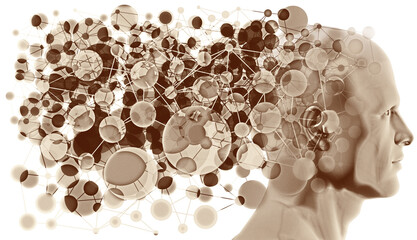 A head side profile overlaid with a various sized semi-transparent overlapping network “circular node and connected lines” details.