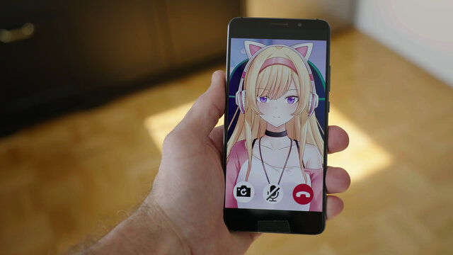 Person chat with anime virtual girlfriend on smartphone