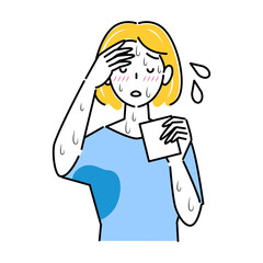 極度の汗かき体質で困っている女性 ハンカチで拭いても止まらない汗 顔汗 脇汗 腕汗 イラスト シンプル ベクター