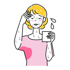 極度の汗かき体質で困っている女性 ハンカチで拭いても止まらない汗 顔汗 脇汗 腕汗 イラスト シンプル ベクター 