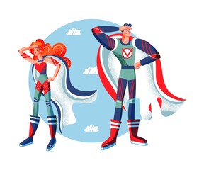 Female and male superheroes in costume loking forward. Two heroes with capes vector illustration. Cartoon comic woman and man with powers posing on blue sky background. Brave girl and boy standing