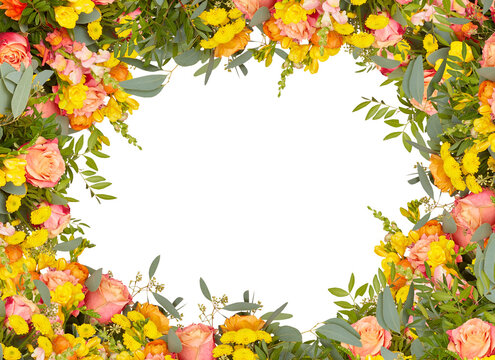 autumn leaves frame beautiful flowers multicolored roses isolated on white background with clipping path​