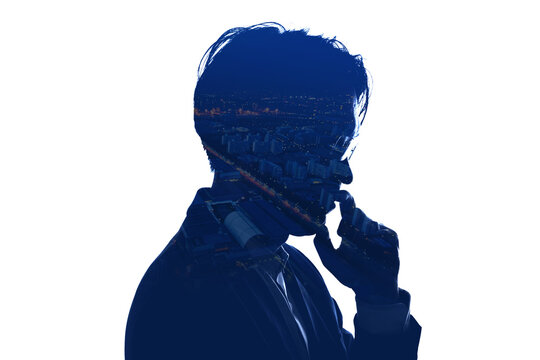 Double Exposure thinking businessman and skyscraper building city with white background. Concept for business and thinking idea.