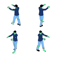 Zombie in isometric view with an outline. Zombie with green skin on white background in different angles.