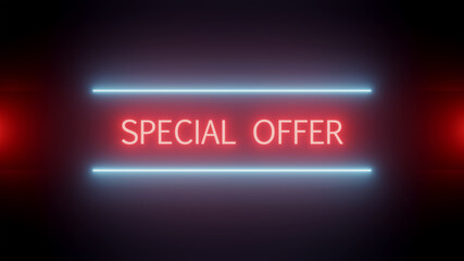 Special offer! Web banner and promotion banners in neon style. Text in neon red and two neon tubes in light blue above and below. 3d illustration.