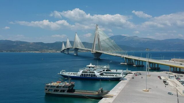 Aerial view of Rio Antirrio or Charilaos Trikoupis Bridge near Patra City, Greece