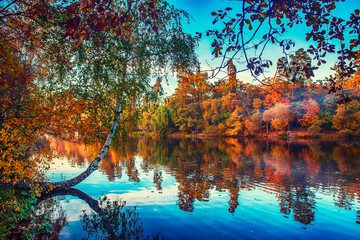 Naklejka na ściany i meble Autumn beautiful lake